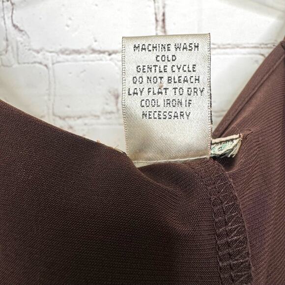 Vintage Suzie Wms L Brown Jersey Knit Tunic Top Sheer Flared Sleeves - Picture 6 of 8